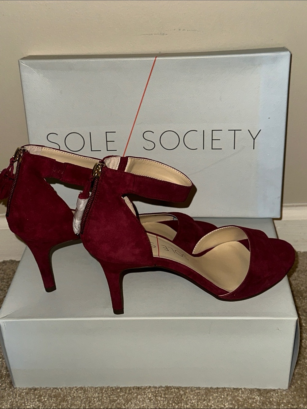 Sole Society Burgundy Suede Open-Toe Ankle-Strap Kitten Heels
